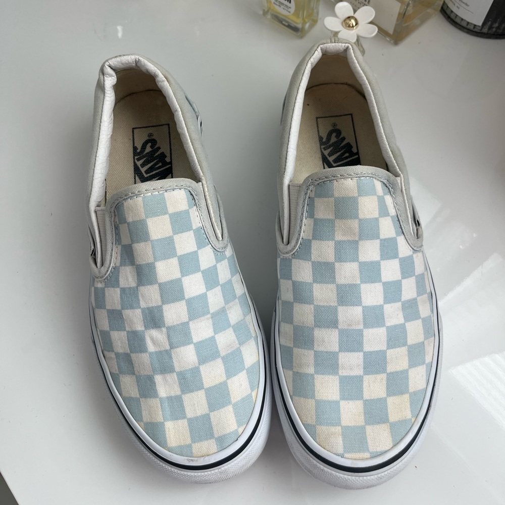 Vans Blue and White Checkered Slip-On Sneakers